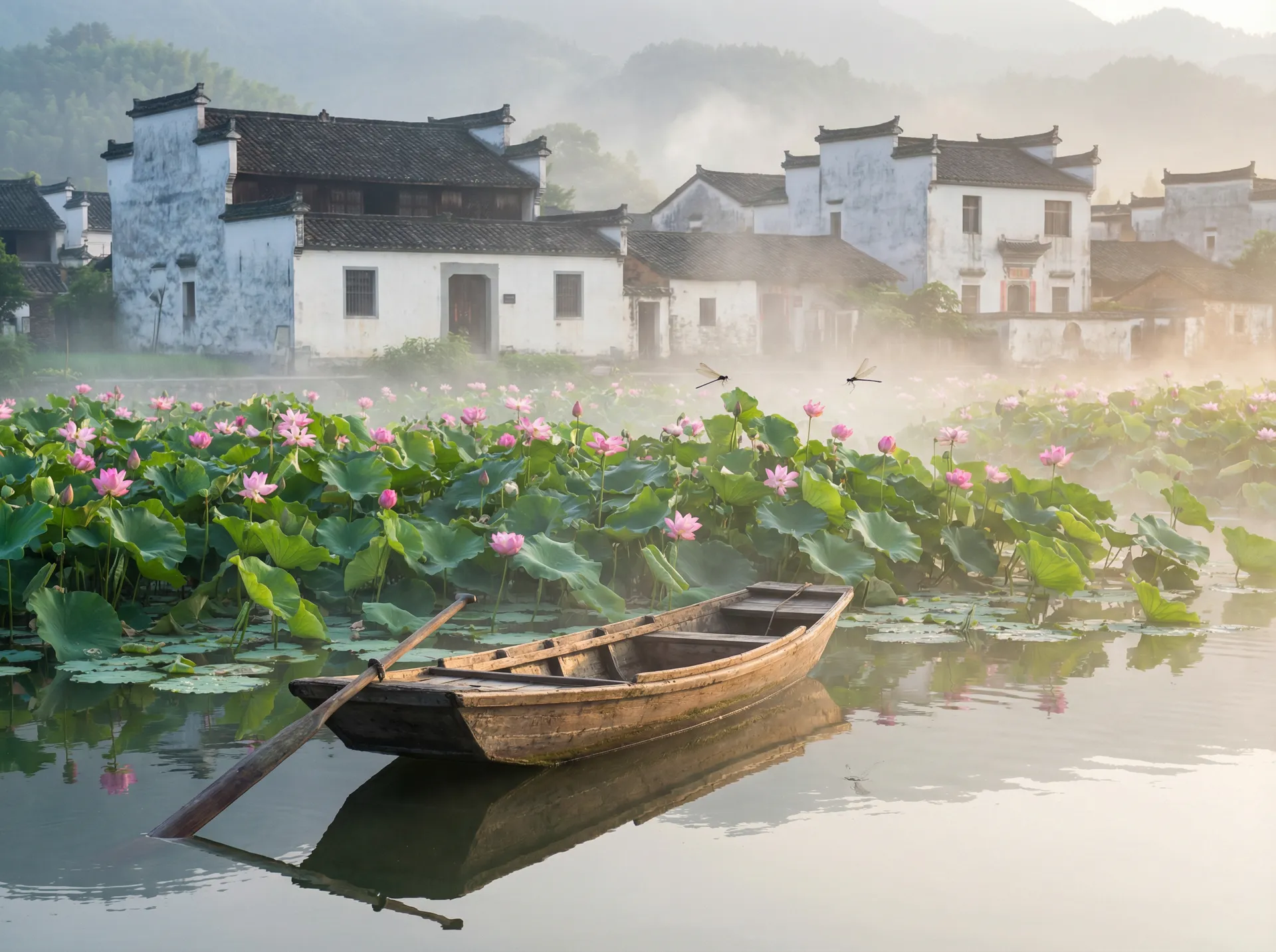 清晨荷塘小舟，粉色荷花盛开，白墙黑瓦的村庄 - 飘乐队 水乡风情